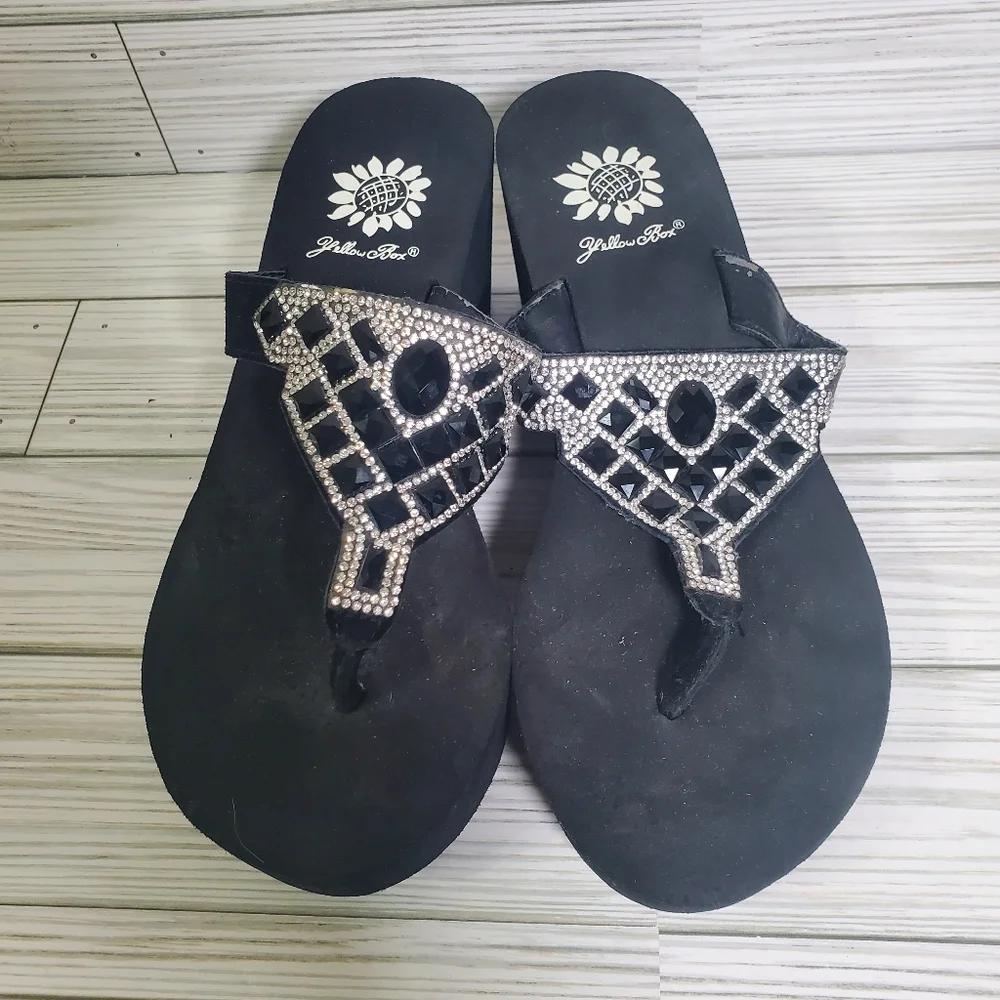 Yellow Box Black Sequin Gem Platform Wedge Womans‎ Sandals 6